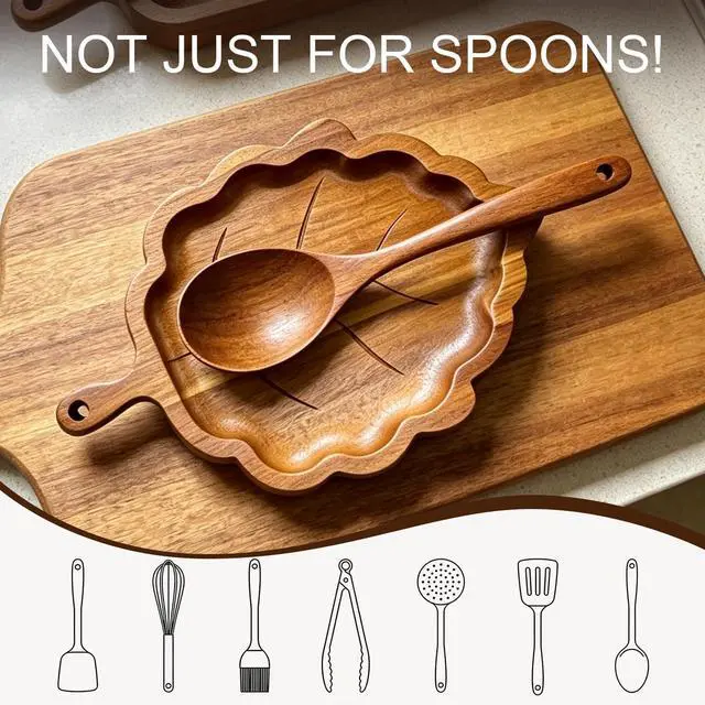 Alt view image 4 of 6 - Wooden Spoon Rest, Large Acacia Leaf-Shaped Holder for Countertop | Handmade Kitchen Utensil Rest for Stove or Cooking Durable Natural Wood, Easy to Clean, Rustic Decor for Home Cooks