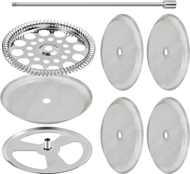 Main image of 9-Piece French Press Filter Replacements Set | Stainless Steel Plunger and Screensfor 34oz/3.75in Press, Includes Spiral and Cross Disk