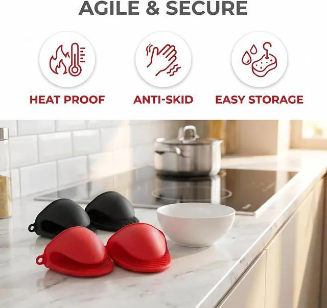 Alt view image 7 of 7 - Silicone Cooking Pinch Grips Oven Mitts - Mini Finger Protector Pot Holder for Kitchen,Cooking,Baking,BBQ - Heat Resistant Gloves, 2 Pairs (Black and Red)