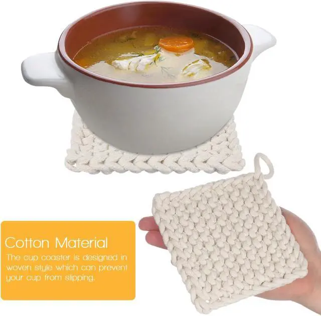 Alt view image 3 of 7 - OSALADI Braided Cotton Pot Holder 4.72X4.72In Woven Heat Resistant Trivet Pad for Kitchen Table Protection and Noise Reduction Eco-Friendly Material