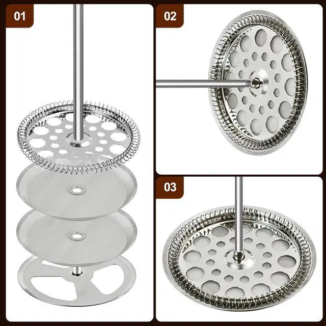 Alt view image 4 of 7 - 9-Piece French Press Filter Replacements Set | Stainless Steel Plunger and Screensfor 34oz/3.75in Press, Includes Spiral and Cross Disk