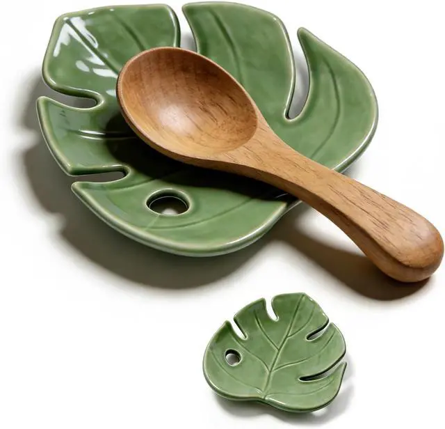 Main image of Ceramic Spoon Rest for Kitchen Counter, Leaf Shaped Decorative Utensil Holder, Heat Resistant Spoon Tray,for Stovetop and Countertop