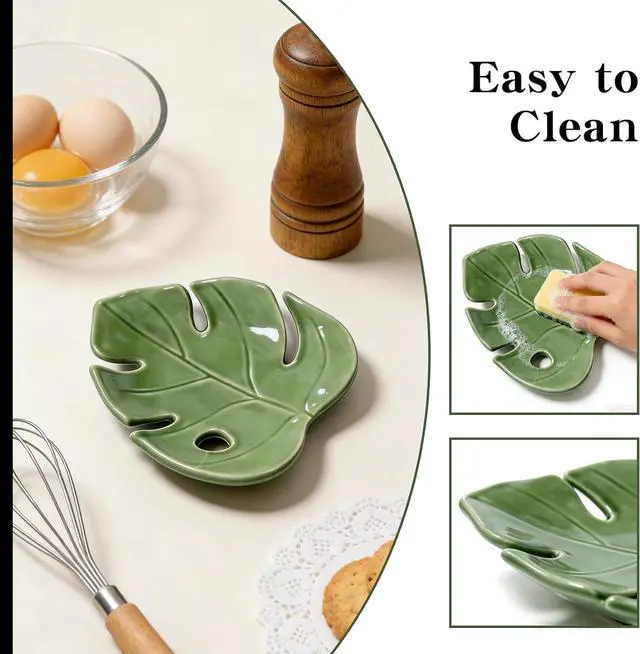 Alt view image 3 of 6 - Ceramic Spoon Rest for Kitchen Counter, Leaf Shaped Decorative Utensil Holder, Heat Resistant Spoon Tray,for Stovetop and Countertop