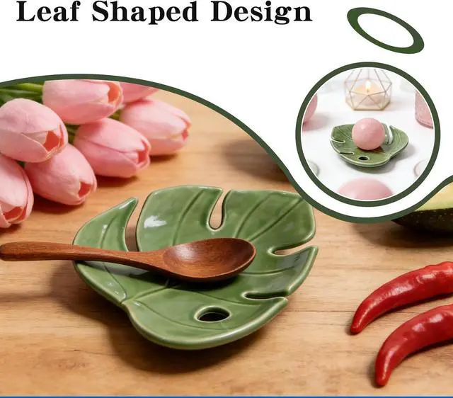 Alt view image 5 of 6 - Ceramic Spoon Rest for Kitchen Counter, Leaf Shaped Decorative Utensil Holder, Heat Resistant Spoon Tray,for Stovetop and Countertop