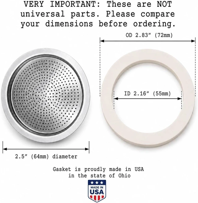 Alt view image 2 of 4 - Univen 2.5" (64mm) Espresso Filter and Gasket Seals Compatible with Bialetti 6 Cup Aluminum Espresso Makers