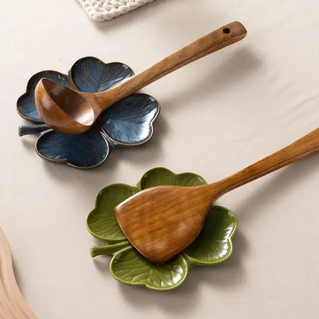 Alt view image 7 of 7 - Ceramic Spoon Rest for Stove Top, Spoon Holder for Kitchen Countertop | Cute Four Leaf Clover Shaped, Cooking Spoon Rest Table Decor (Blue)