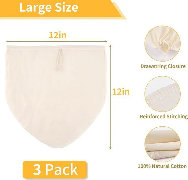 Alt view image 2 of 7 - 3 Pcs 12"x12" Nut Milk Bag, Cheesecloth Cheese Cloth Bag for Straining | Natural Unbleached Cotton Reusable Strainer Bag for Oat Almond Milk, Cheese Making, Yogurt, Juice, Cold Brew Coffee, Beer Tea