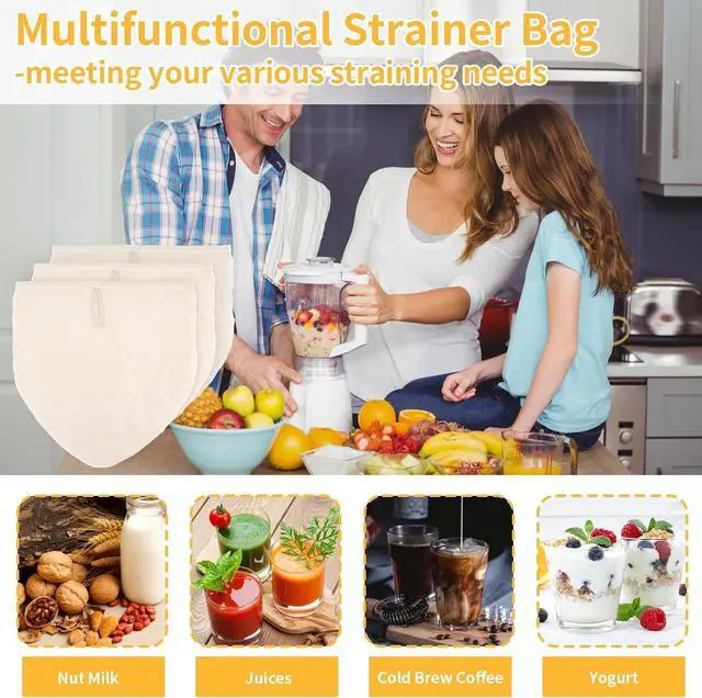 Alt view image 6 of 7 - 3 Pcs 12"x12" Nut Milk Bag, Cheesecloth Cheese Cloth Bag for Straining | Natural Unbleached Cotton Reusable Strainer Bag for Oat Almond Milk, Cheese Making, Yogurt, Juice, Cold Brew Coffee, Beer Tea