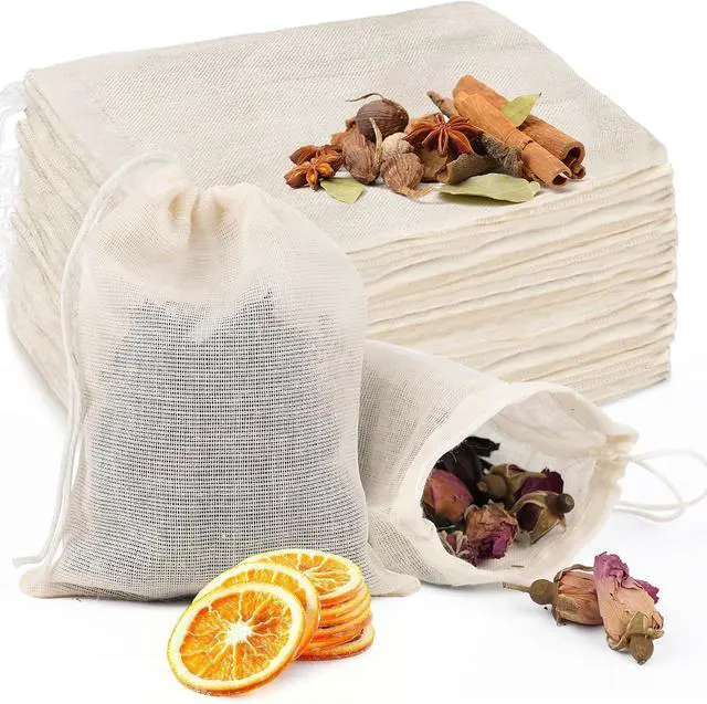 Main image of GliSun 50 Pcs Muslin Drawstring Bags Reusable Tea Bags 4 x 3 Inch | Natural Cotton Unbleached Small Cheese Cloth Bag for Cooking Straining Soup Sachet Coffee Tea Brew Spice