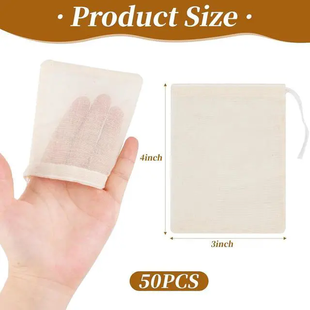 Alt view image 3 of 7 - GliSun 50 Pcs Muslin Drawstring Bags Reusable Tea Bags 4 x 3 Inch | Natural Cotton Unbleached Small Cheese Cloth Bag for Cooking Straining Soup Sachet Coffee Tea Brew Spice