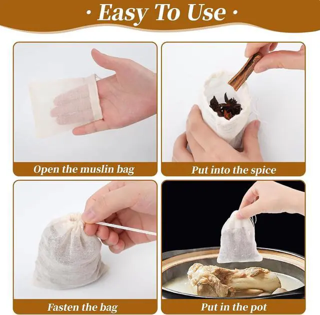 Alt view image 5 of 7 - GliSun 50 Pcs Muslin Drawstring Bags Reusable Tea Bags 4 x 3 Inch | Natural Cotton Unbleached Small Cheese Cloth Bag for Cooking Straining Soup Sachet Coffee Tea Brew Spice