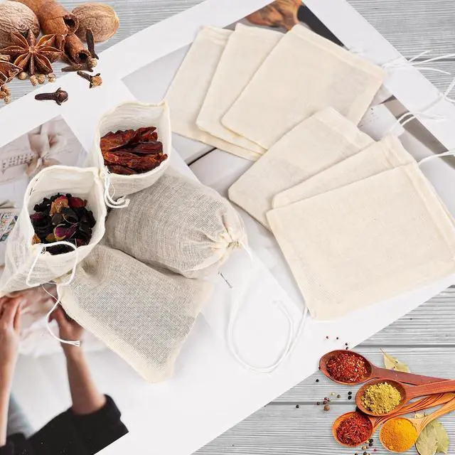 Alt view image 6 of 7 - GliSun 50 Pcs Muslin Drawstring Bags Reusable Tea Bags 4 x 3 Inch | Natural Cotton Unbleached Small Cheese Cloth Bag for Cooking Straining Soup Sachet Coffee Tea Brew Spice