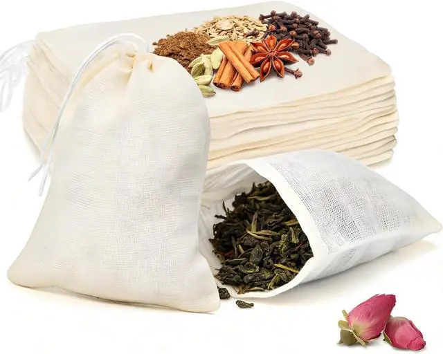 Main image of 20 Pack Reusable Tea Bags, Natural Unbleached Muslin Bags with Drawstring, Spice Bags for Cooking, Loose Leaf Tea, Herbs & Coffee, Fine Mesh Filter Bags (3 x 4 in)