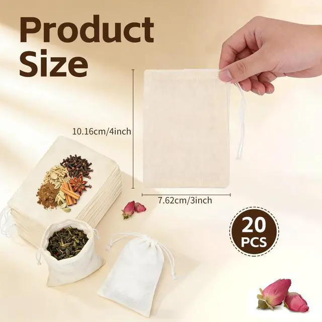 Alt view image 2 of 7 - 20 Pack Reusable Tea Bags, Natural Unbleached Muslin Bags with Drawstring, Spice Bags for Cooking, Loose Leaf Tea, Herbs & Coffee, Fine Mesh Filter Bags (3 x 4 in)