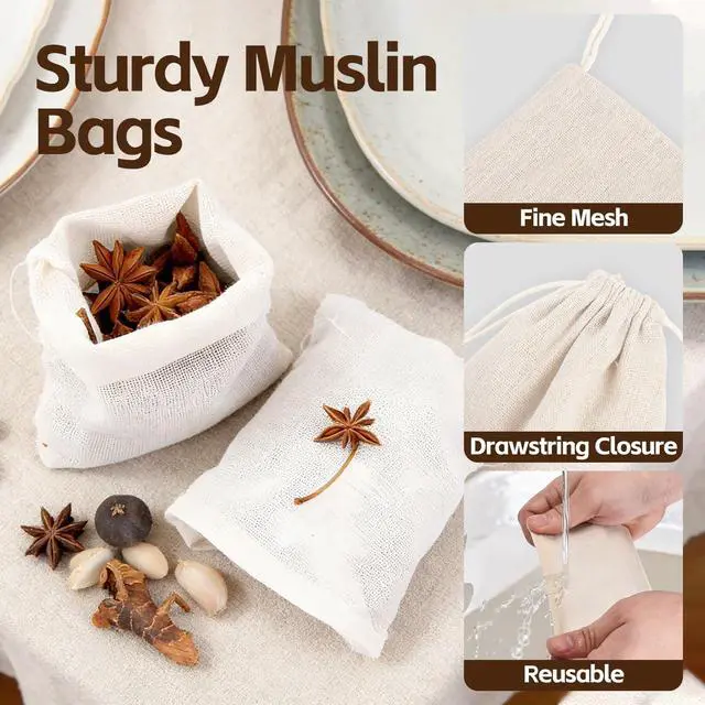 Alt view image 5 of 7 - 20 Pack Reusable Tea Bags, Natural Unbleached Muslin Bags with Drawstring, Spice Bags for Cooking, Loose Leaf Tea, Herbs & Coffee, Fine Mesh Filter Bags (3 x 4 in)