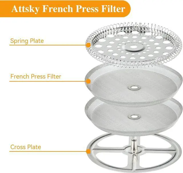 Alt view image 2 of 5 - 8 Pieces French Press Replacement Parts Stainless Steel Set, 6 Pieces 3.6in Universal French Press Screen, Containing Spiral Disk and Cross Disk for 34oz/3.6 Inch Wide French Press Coffee Press