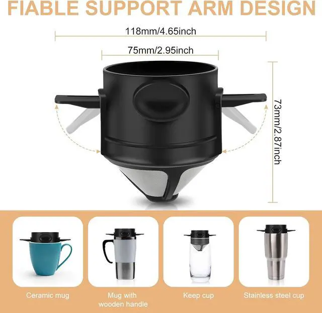 Alt view image 3 of 7 - Pour Over Coffee Maker,Portable Stainless Steel Reusable Coffee Filter, Mini Collapsible Paperless Single Serve 1 Cup Coffee Dripper Cup Easy To Clean For Travel Camping