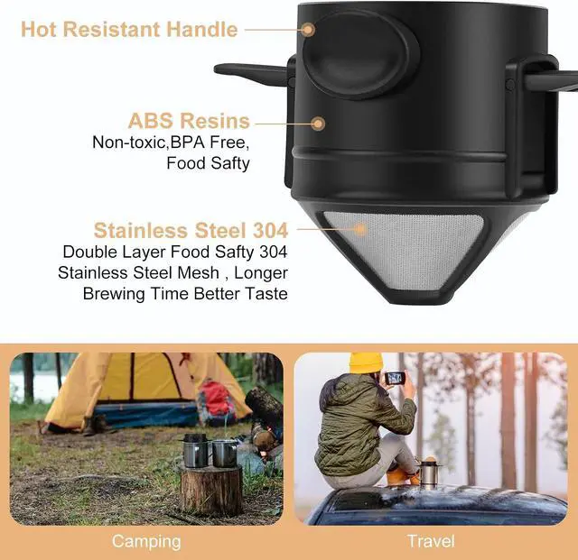Alt view image 5 of 7 - Pour Over Coffee Maker,Portable Stainless Steel Reusable Coffee Filter, Mini Collapsible Paperless Single Serve 1 Cup Coffee Dripper Cup Easy To Clean For Travel Camping