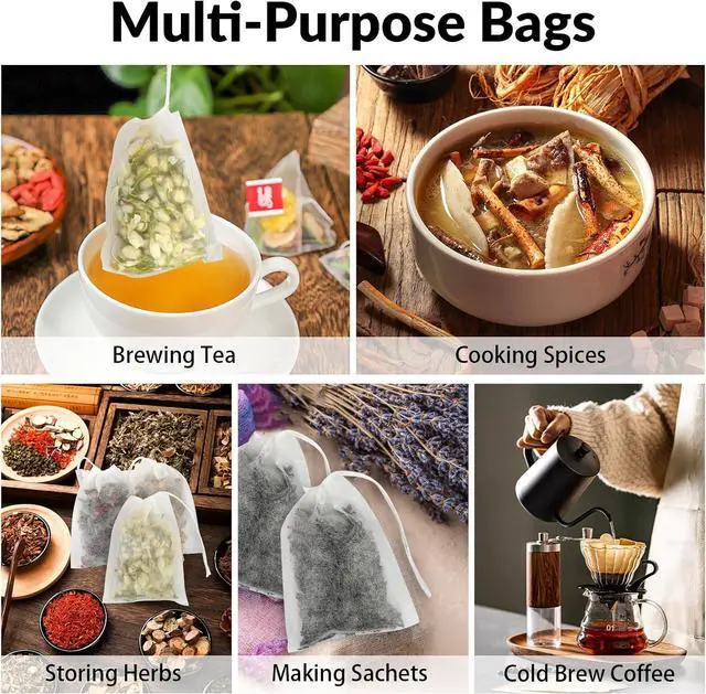 Alt view image 7 of 7 - 300 Pcs Disposable Empty Tea Bags for Loose Leaf Tea, Natural Corn Fiber | 3.54" x 2.75", Food-grade, with Drawstring, Safe for Hot Water Brewing, for Coffee, Herbs, Spices, Tea Filter Sachets Infuser
