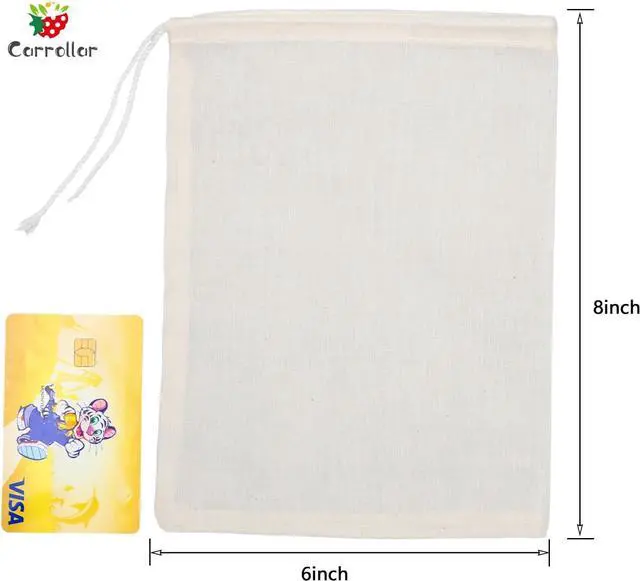 Alt view image 3 of 7 - 10Pcs Reusable Tea Filter Bag, Soup, Bone Broth Brew, Spice, Muslin Strainer, Natural Unbleached Cotton Cheesecloth Bags for Cold Brew Coffee (6x8inch)