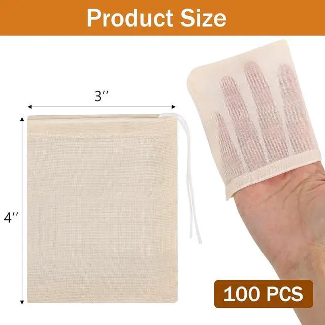 Alt view image 3 of 7 - 100Pcs Muslin Bags with Drawstring, 3x4 Inch Reusable Empty Tea Bags, Spice Herb Sachet Bag for Cooking Soups, Natural Cotton Unbleached Cheese Cloth Bag for Straining