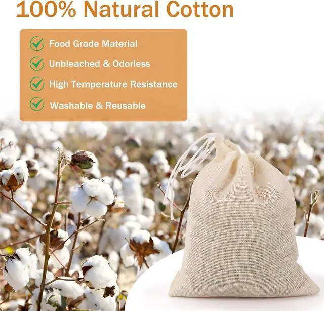 Alt view image 4 of 7 - 100Pcs Muslin Bags with Drawstring, 3x4 Inch Reusable Empty Tea Bags, Spice Herb Sachet Bag for Cooking Soups, Natural Cotton Unbleached Cheese Cloth Bag for Straining