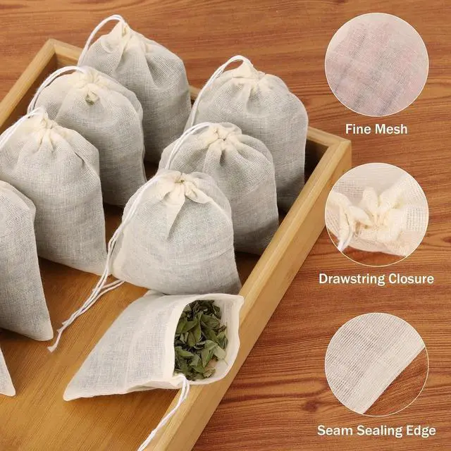 Alt view image 5 of 7 - 100Pcs Muslin Bags with Drawstring, 3x4 Inch Reusable Empty Tea Bags, Spice Herb Sachet Bag for Cooking Soups, Natural Cotton Unbleached Cheese Cloth Bag for Straining