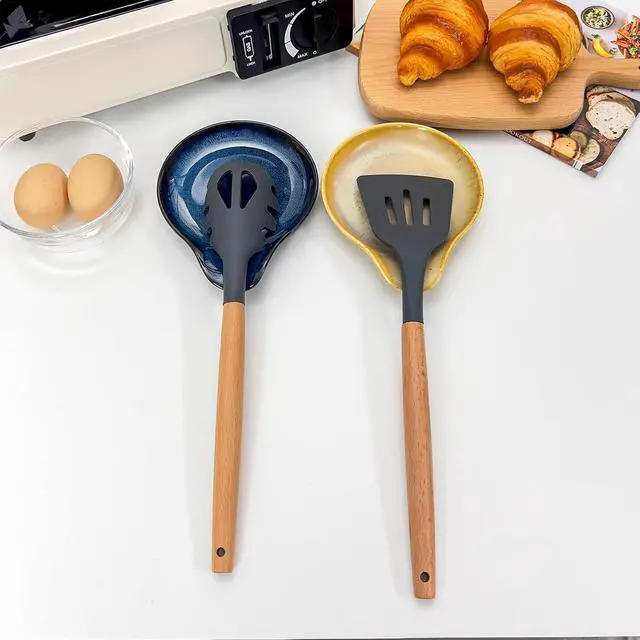 Alt view image 4 of 7 - Farmhouse Ceramic Spoon Rests Holder,Coffee Spoon,Cooking Utensil,Ladles, Tong for Kitchen Counter Stove Top (Ocean Blue)
