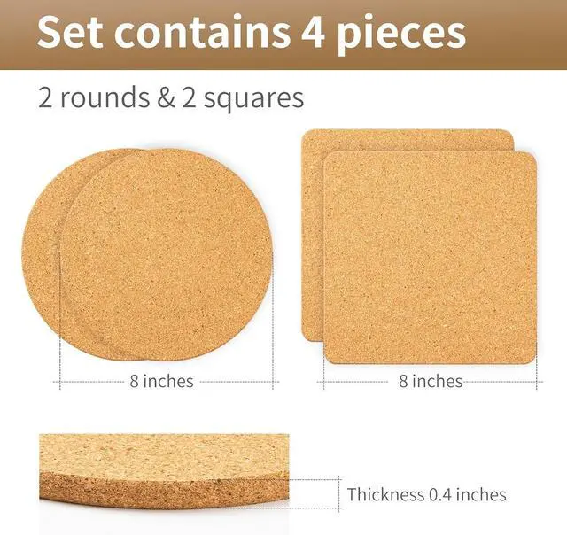 Alt view image 2 of 6 - Cork Trivets for Hot Dishes, Pots and Pans, Pot Holders for Kitchen | 8 Inches 4 Pack Hot Pads, Thick Heat Resistant Mats Protect Countertop, Coaster Home Essentials, Rustic Farmhouse Decor
