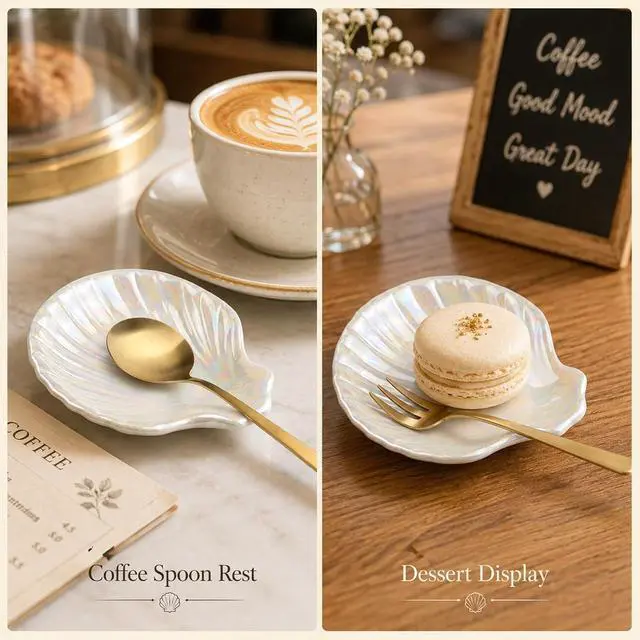 Alt view image 4 of 7 - Ceramic Spoon Rest, Cute Coffee Spoons Holder for Kitchen Counter (Shell) | Ceramic Tray for Spoons, Spatulas, Tea Bag, Jewelry and Small Items, Ideal for Kitchens, Coffee Bars Station and Gifts