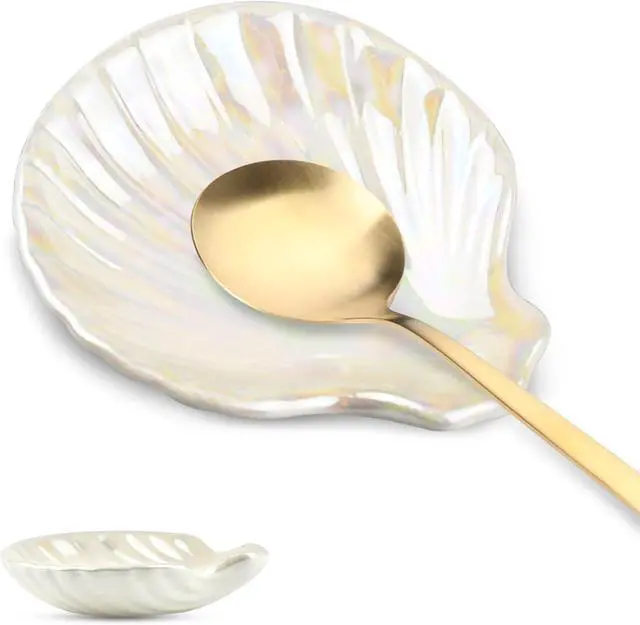 Main image of Ceramic Spoon Rest, Cute Coffee Spoons Holder for Kitchen Counter (Shell) | Ceramic Tray for Spoons, Spatulas, Tea Bag, Jewelry and Small Items, Ideal for Kitchens, Coffee Bars Station and Gifts