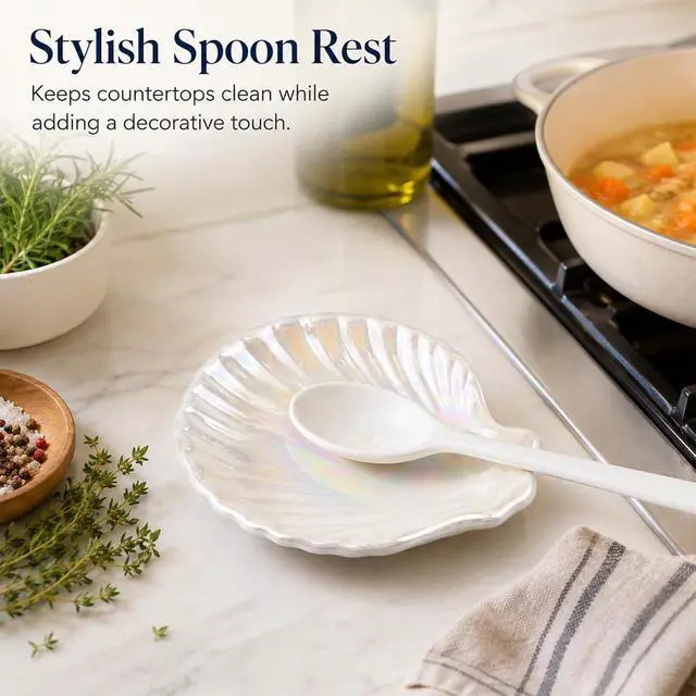 Alt view image 5 of 7 - Ceramic Spoon Rest, Cute Coffee Spoons Holder for Kitchen Counter (Shell) | Ceramic Tray for Spoons, Spatulas, Tea Bag, Jewelry and Small Items, Ideal for Kitchens, Coffee Bars Station and Gifts