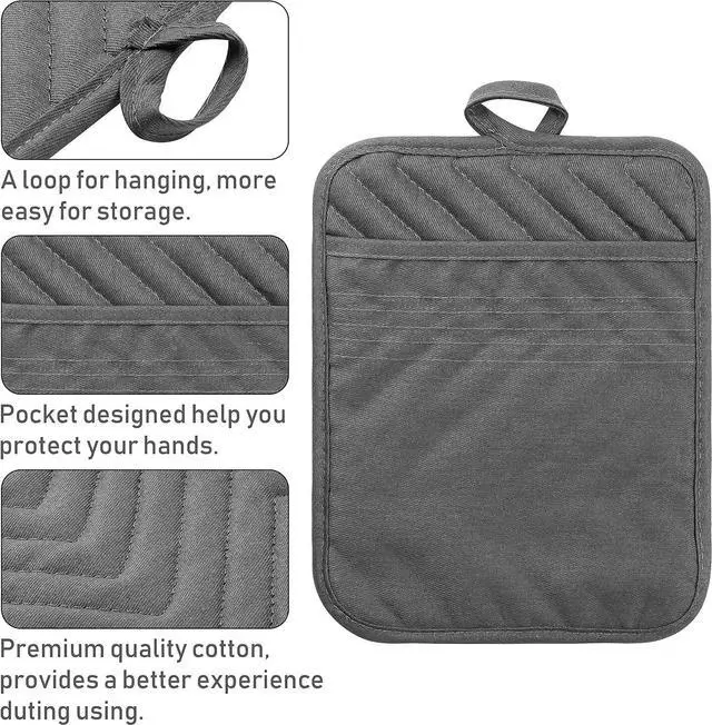 Alt view image 3 of 7 - 5Pack Pocket Pot Holders Cotton Heat Resistant Potholder Multipurpose Hot Pads Machine Washable Oven Mitts Cooking Pads Bulk for Daily Kitchen Baking and Cooking 8.9 x 6.9 Inch Grey