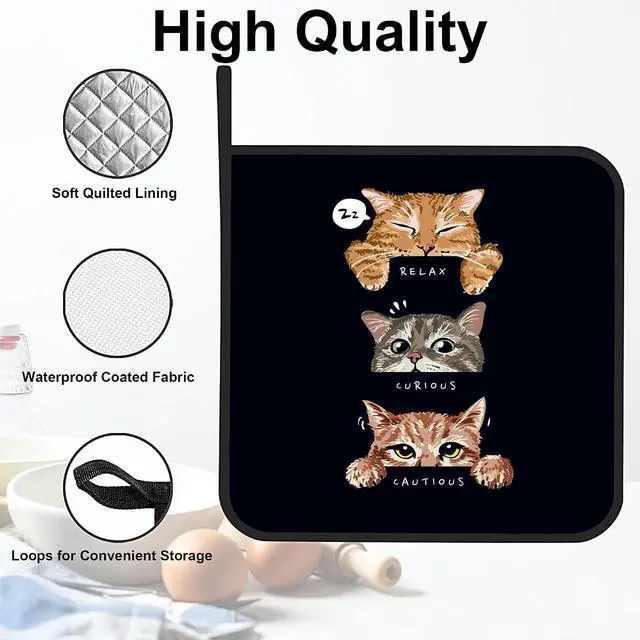 Alt view image 3 of 7 - Cute Cats Mood Pot Holders 2 PCS for Kitchen, Heat Resistant Hot Pads for Cooking Grilling Baking BBQ, Pot Holders for Women Cook Essentials Accessories Home Microwave