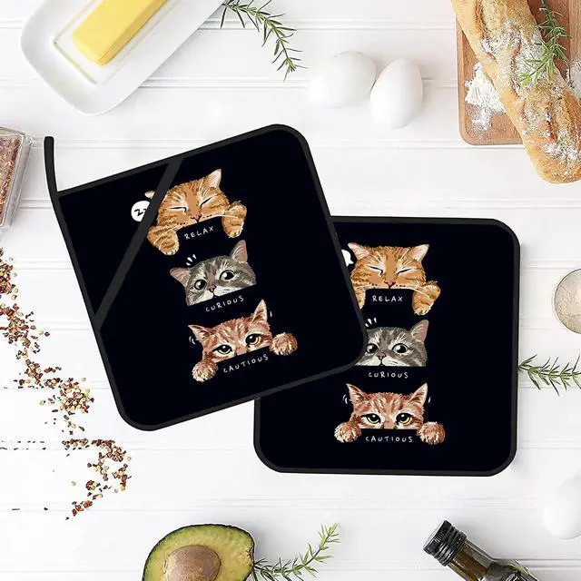 Alt view image 4 of 7 - Cute Cats Mood Pot Holders 2 PCS for Kitchen, Heat Resistant Hot Pads for Cooking Grilling Baking BBQ, Pot Holders for Women Cook Essentials Accessories Home Microwave