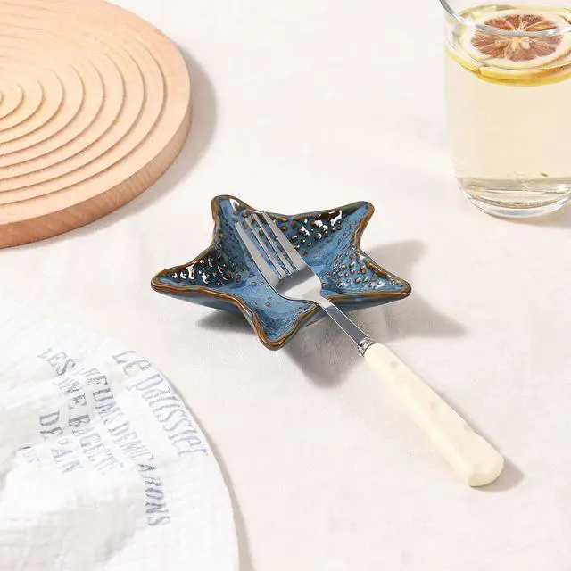 Alt view image 4 of 7 - Ceramic Coffee Spoon Rest, Cute Small Knife Fork Teaspoon Stirrers Holder | Starfish Shaped Mini Tea Spoons Rest for Coffee Bar Dining Table Coffee Station Decor Jewelry Dish (Blue)