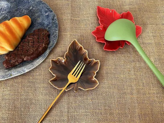 Alt view image 2 of 7 - Cute Ceramic Spoon Rest & Holder for Stove Top & Kitchen Counter Ladle Holder Cooking Spoon Coffee Spoon Rest Utensil Rest Spatula Rest, Leaf Kitchen Decor & Accessories (Maple, Winter Rustic Brown)