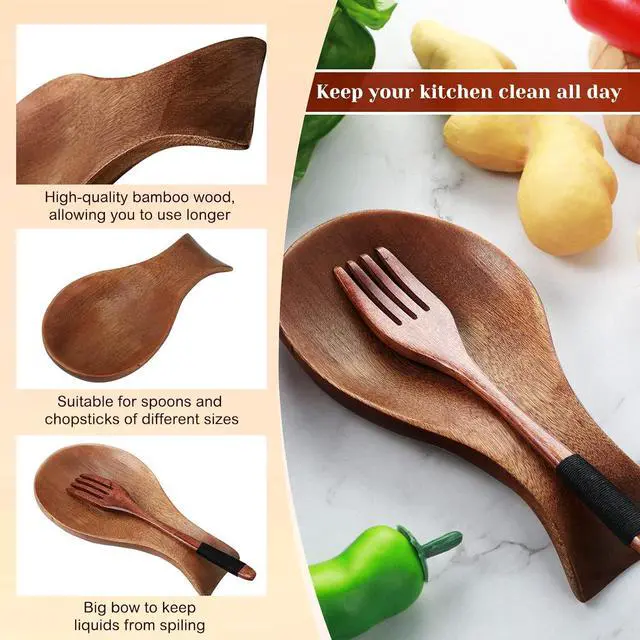 Alt view image 5 of 7 - Patelai Acacia Wood Spoon Rest for Kitchen Stove Top Utensils,Brown | Wooden Spatula Holder for Countertop, Protects Surfaces from Stains, Farmhouse Kitchen Decor, Holds Spoons Ladles Utensils