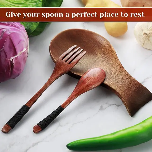 Alt view image 6 of 7 - Patelai Acacia Wood Spoon Rest for Kitchen Stove Top Utensils,Brown | Wooden Spatula Holder for Countertop, Protects Surfaces from Stains, Farmhouse Kitchen Decor, Holds Spoons Ladles Utensils