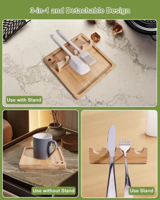 Alt view image 2 of 7 - Bamboo Spoon Rest for Stove Top, Magnetic Kitchen Utensil Holder | 3-in-1 Detachable Tray and Magnetic 4-Slot Holder, Multiple Utensils Within Reach, Cleaner Counters, Anti-Slip Stability