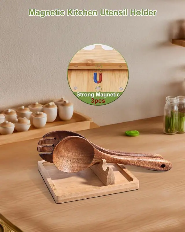 Alt view image 3 of 7 - Bamboo Spoon Rest for Stove Top, Magnetic Kitchen Utensil Holder | 3-in-1 Detachable Tray and Magnetic 4-Slot Holder, Multiple Utensils Within Reach, Cleaner Counters, Anti-Slip Stability