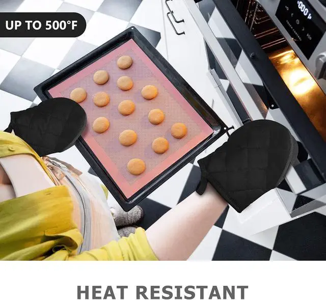 Alt view image 2 of 7 - 1 Pair Short Oven Mitts - Silicone Kitchen Oven Gloves High Heat Resistant 500, Mini Oven Mits with Non-Slip Grip Surfaces and Hanging Loop for BBQ, Baking, Cooking and Grilling (Black)