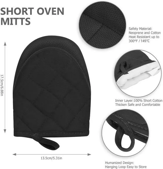 Alt view image 3 of 7 - 1 Pair Short Oven Mitts - Silicone Kitchen Oven Gloves High Heat Resistant 500, Mini Oven Mits with Non-Slip Grip Surfaces and Hanging Loop for BBQ, Baking, Cooking and Grilling (Black)