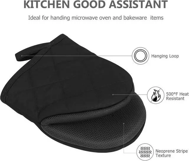 Alt view image 4 of 7 - 1 Pair Short Oven Mitts - Silicone Kitchen Oven Gloves High Heat Resistant 500, Mini Oven Mits with Non-Slip Grip Surfaces and Hanging Loop for BBQ, Baking, Cooking and Grilling (Black)