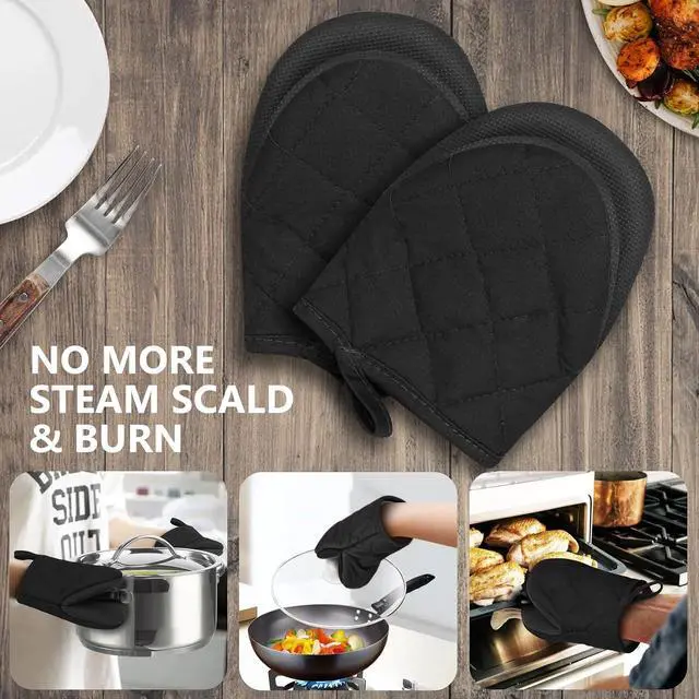 Alt view image 7 of 7 - 1 Pair Short Oven Mitts - Silicone Kitchen Oven Gloves High Heat Resistant 500, Mini Oven Mits with Non-Slip Grip Surfaces and Hanging Loop for BBQ, Baking, Cooking and Grilling (Black)
