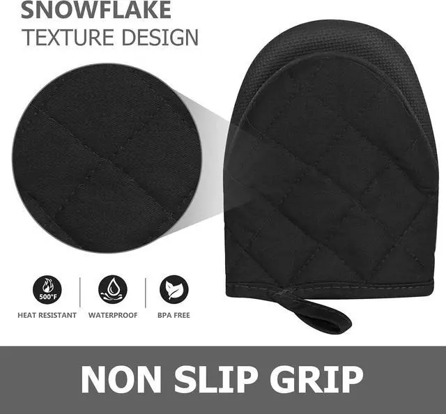Alt view image 5 of 7 - 1 Pair Short Oven Mitts - Silicone Kitchen Oven Gloves High Heat Resistant 500, Mini Oven Mits with Non-Slip Grip Surfaces and Hanging Loop for BBQ, Baking, Cooking and Grilling (Black)