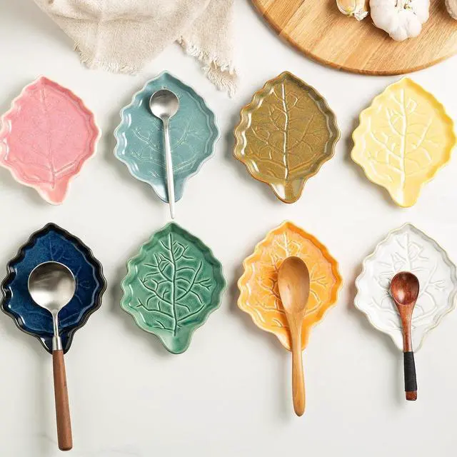 Alt view image 6 of 7 - Mecaikru Ceramic Leaf Spoon Rest for Stove Top and Kitchen Counter | Raised wavy edges catch sauce, oil and food drips to help keep your stove top and kitchen counter clean while cooking.