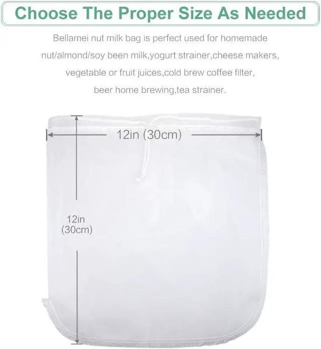 Alt view image 7 of 7 - Nut Milk Bag Reusable 2 Pack Food Strainer Nut Bag(12×12 in) | for Straining Almond/Soy Milk Greek Yogurt Cold Brew Coffee Tea Beer Celery Juice Fine Nylon Mesh