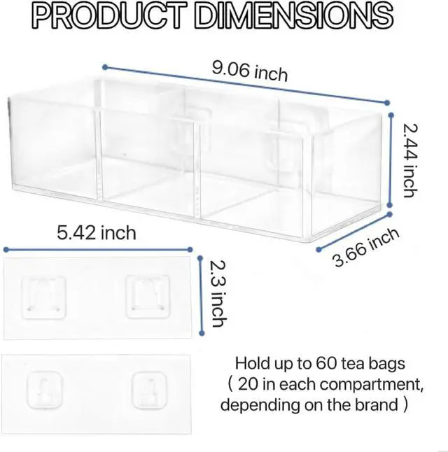Alt view image 3 of 7 - Tea Bag Organizer, Clear Tea Bag Holder with 3 Slots, Tea Organizer | Tea Holder, Tea Organizers and Storage, Holds up to 60 Tea Bags, Tea Bag Storage for Drawer, Kitchen, Cabinet Countertop