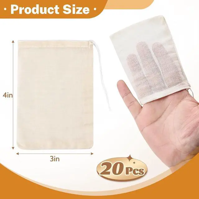 Alt view image 2 of 7 - 20 Pcs Muslin Bags with Drawstring, Reusable Tea Bags, Spice Bags for Cooking Soup/Herb/Loose Leaf Tea, Natural Cotton Small Cheese Cloth Bag for Straining, Sachet Bags Empty, 4 X 3 Inches
